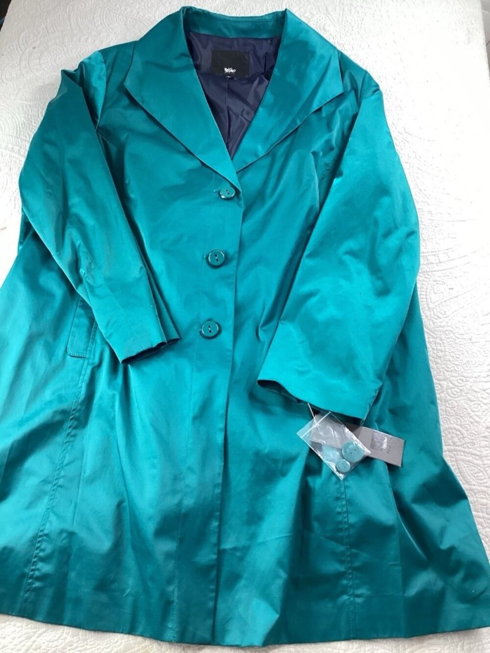 Mossimo Trench Coat NEW Women's L Utility Long Teal Green Button-Up Belt Satin